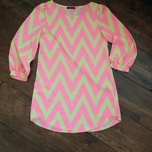 Womens Dress Pink Neon Yellow Chevron Pattern